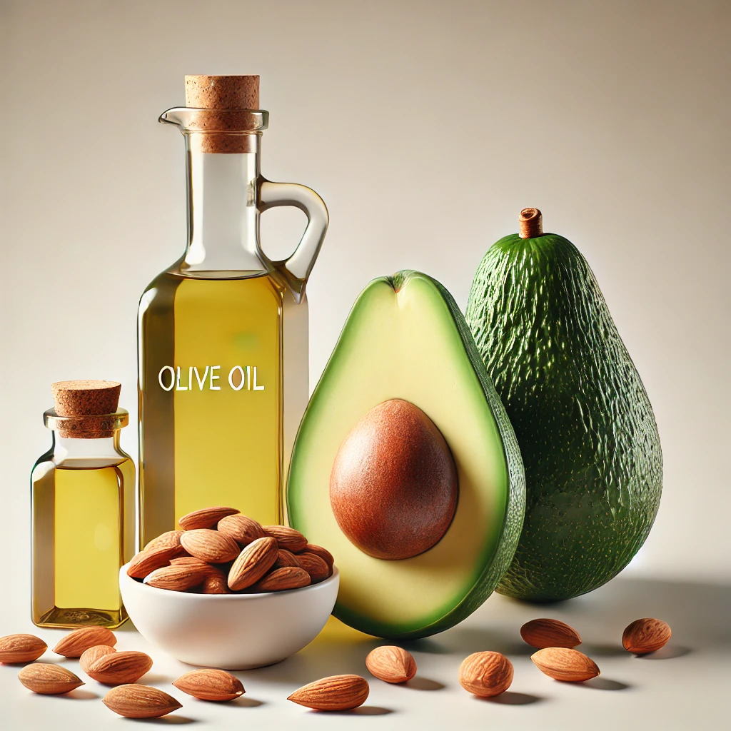 A-simple-and-clear-image-showing-a-whole-avocado-a-bottle-of-olive-oil-and-a-handful-of-almonds-arranged-together-on-a-clean-surface.