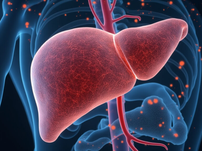 Diagrama ilustrativo do fígado mostrando a localização comum de um adenoma hepatocelular.